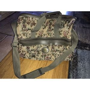 Vintage Ciao! Floral Green Tapestry Carpet Bag Tote Carry On 15” Long Luggage